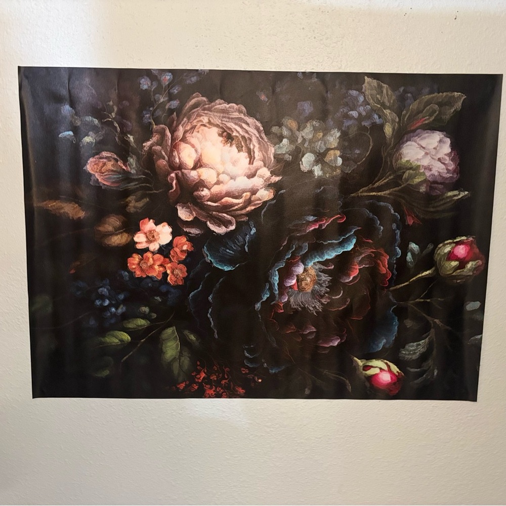 Source Unknown Dark Floral Tapestry with Pink and Green